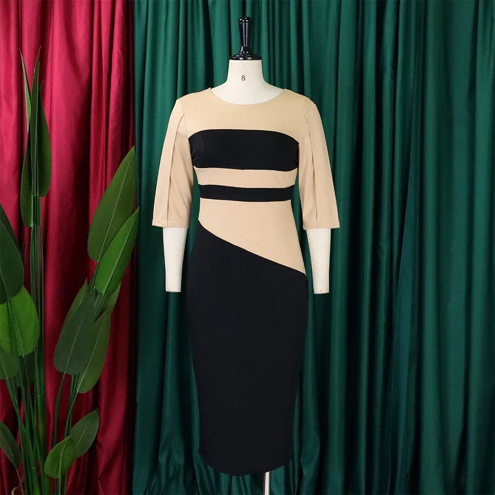 Elegant Church Dresses for Women 2023 New Arrivals Fashion Two Color Patchwork Fitted Ladies Knee Length Formal African Dress