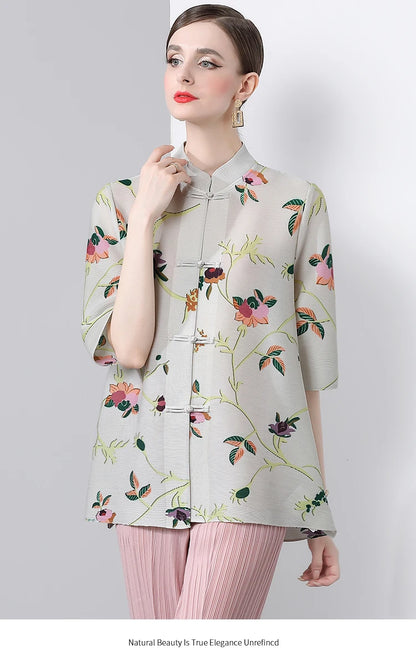 Pleated Tops for Women Summer Printed Shirts Loose Mom Wear Commuter Printed Short Sleeves Women Clothes