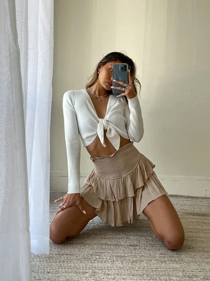 Women's High Waist Ruffle Pleated Mini Skirts Solid Lined Layered Flared Flowy Casual Swing Summer Boho Beach Mini Short Skirt