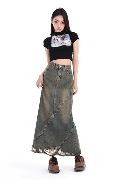 Women Denim Skirt Y2k Emo 2000s Clothes Long Skirt Harajuku Korean 90s Fashion Vintage Gradient A-line Jean Skirt Grunge Clothes