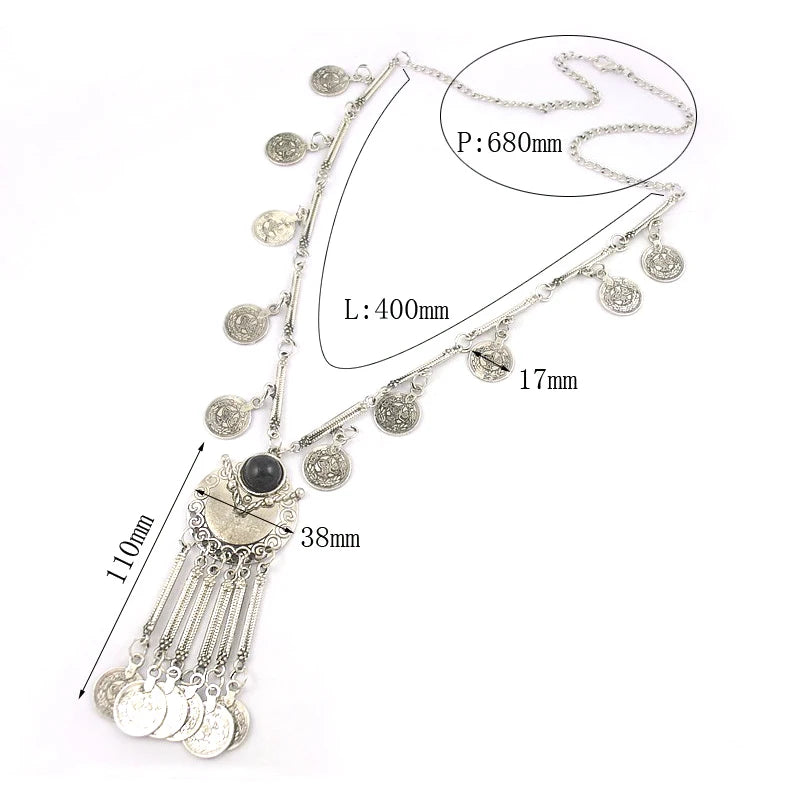 Trendy Bohemian Long Necklace For Women Vintage Ethnic Gypsy Boho Beach Antique Silver Color Necklace Coin Tassel Turkey Jewelry