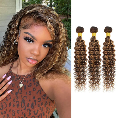 4/27 Bundles Brazilian Hair Bundles Highlight Honey Blonde Human Hair Bundle Weave Double Weft Deep Wave Virgin Hair Weaves