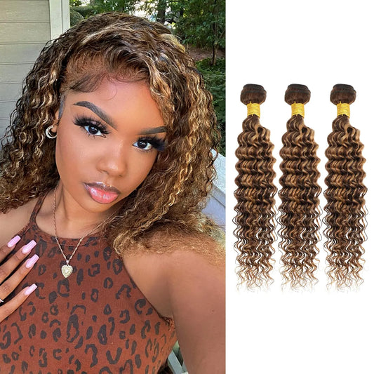 4/27 Bundles Brazilian Hair Bundles Highlight Honey Blonde Human Hair Bundle Weave Double Weft Deep Wave Virgin Hair Weaves