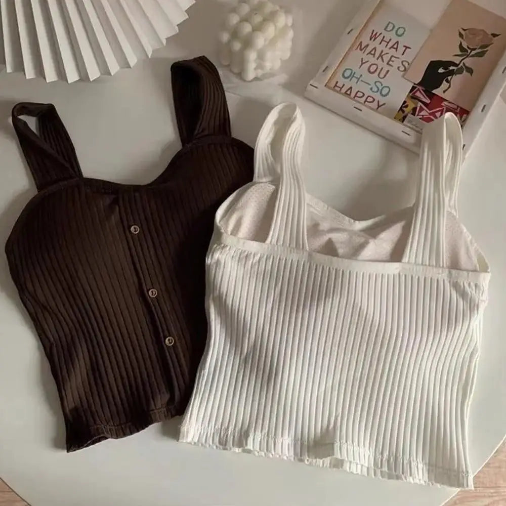 Woman's Top With Built In Bra Button Padded Bra Lady's Top Strap Vest Tank Top Summer Girls Cute Women Casual Female Camisole