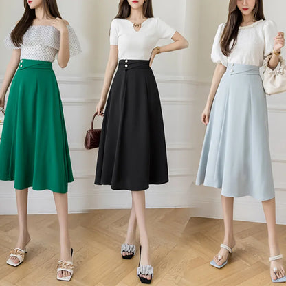 Women's Skirts High Waist Sweet Girl's Mid-calf Skirt Solid Skirts for Women Vintage Long Fashion 2023 Kawaii Summer Women Skirt