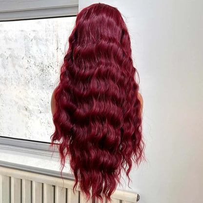 Burgundy Long Curly Wavy Red Wig Synthetic Middle Part Loose Deep Natural Wave 13X4 Wine Red Wigs for Women Daily Party Cosplay