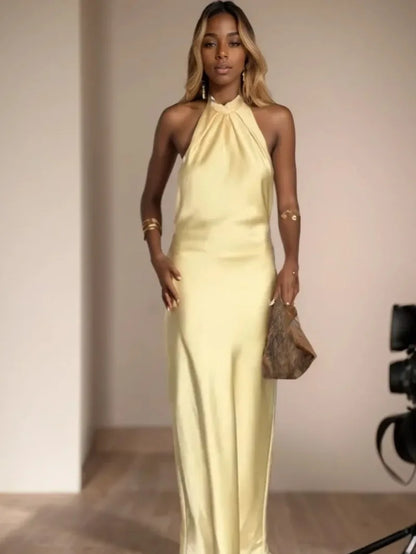 Women Elegant Satin Dress Fashion Lace Up Hanging Collar Long Dresses for Women Solid Sleeveless Midi Dress Lady Evening Dress