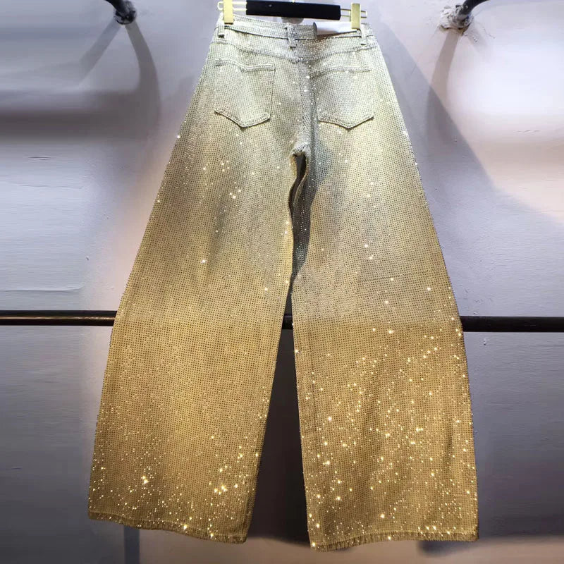 European Jeans, 2025 Spring Clothing New Heavy Industry Full Body Hot Diamond High Waist Skinny Wide Leg Straight Jeans Women