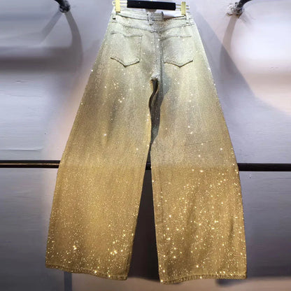 European Jeans, 2025 Spring Clothing New Heavy Industry Full Body Hot Diamond High Waist Skinny Wide Leg Straight Jeans Women