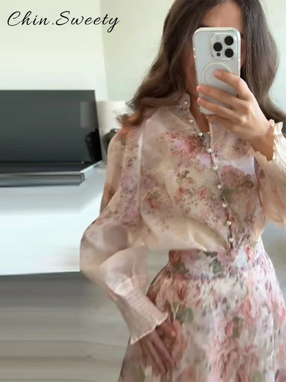 Elegant Floral Printed Long Skirts Set Women Loose Full Sleeve Single Breasted Shirts Pleated Skirt 2025 Summer Lady New Suits