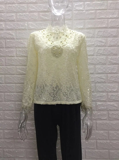 Women T Shirts Vintage Spring Winter Tees Autumn Lace Beads Hole Sexy Tops Warm Blouse Top Casual Full Long Sleeve Shirt