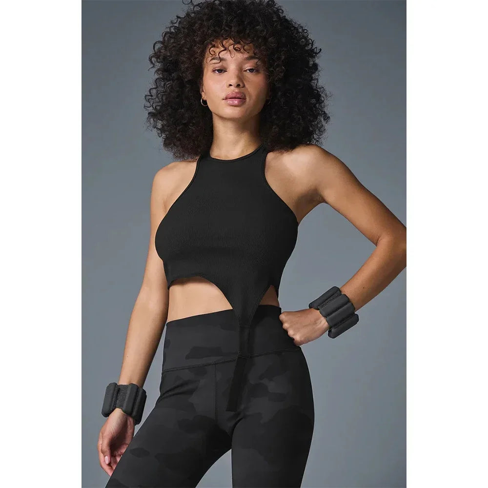 The new women's vest features a stylish design a ribbed fabric round-neck elastic casual top and a daily sports fitness yoga bra