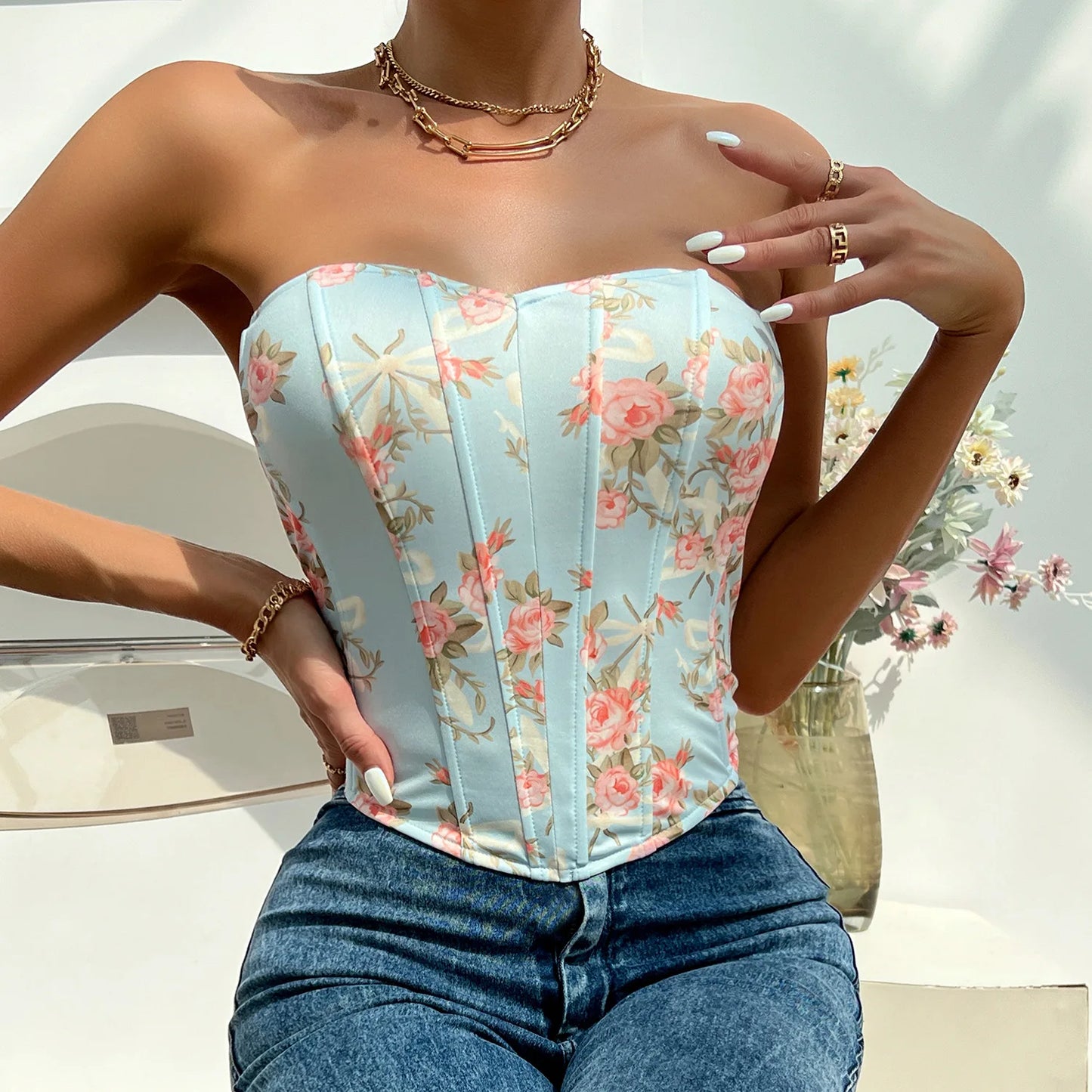 Women Floral Top Sexy Spicy Girl Tank Top Low cut Open Back Flower Wrapped Chest Diamond Fish Bone Strap Waist Vest Tank Top