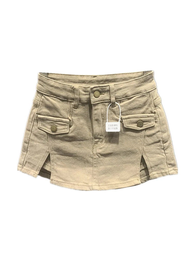 Women Khaki Denim Skirt Y2k Elegant A-Line Skirt Harajuku Korean Vintage Fashion 90s High Waist Jean Shorts Skirts 2000s Clothes