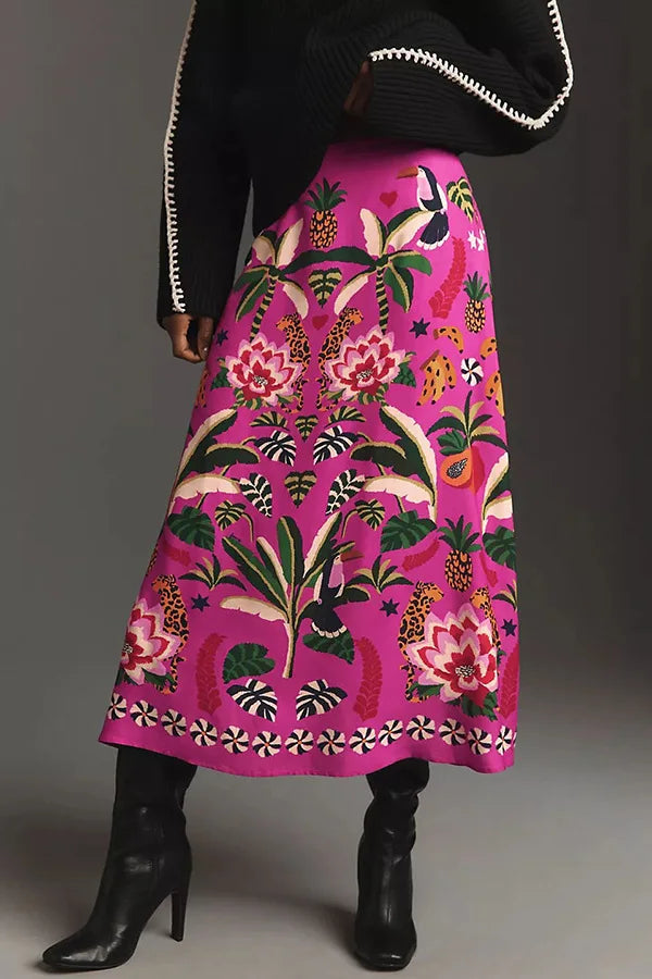 Women Skirts 2024 Spring Summer Vintage Streetwear Ladies Casual Floral Printed Long Skirts Elastic Waist Female Midi Skirts