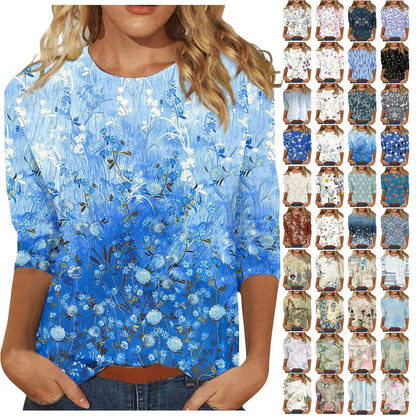 2024 Women Summer Tops Comfortable T Shirt Fashion Flower Print Round Neck 3/4 Sleeve Tops Soft Versatile Pullover Ropa De Mujer