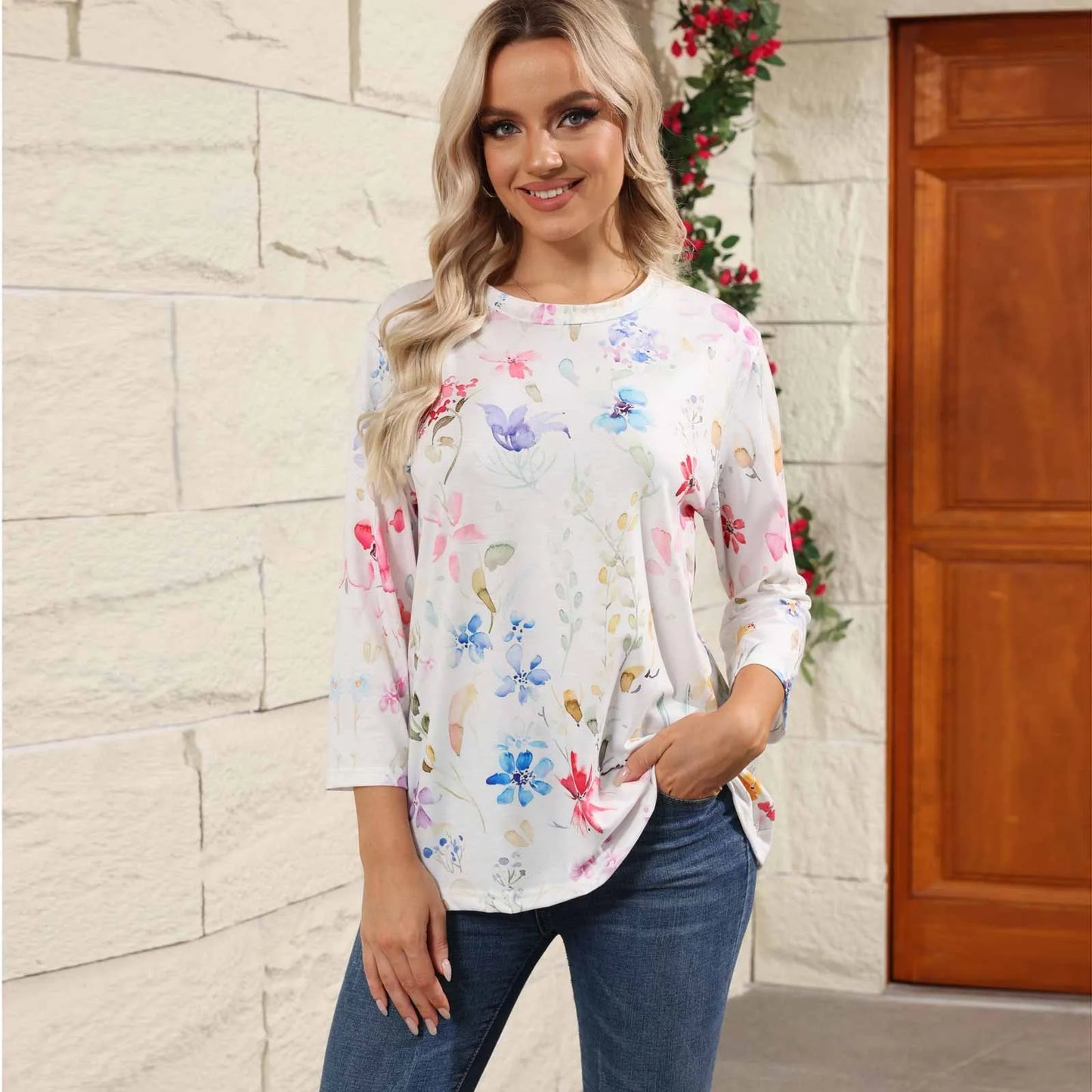 2024 Women Summer Tops Comfortable T Shirt Fashion Flower Print Round Neck 3/4 Sleeve Tops Soft Versatile Pullover Ropa De Mujer