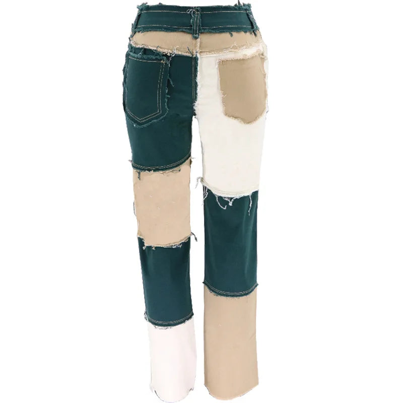 2025 Hot Sale Mixed Color Patchwork Jeans For Women Fashion High Stretch Denim Straight Pants Street Hipster Trousers XS-2XL