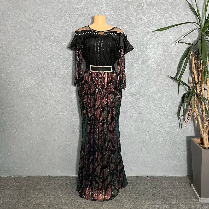 African Dresses For Women 2022 Lady Elegant Glittering Evening Dress Sparkle Sequin Sexy Sheath Maxi Party Gowns Come With Belt