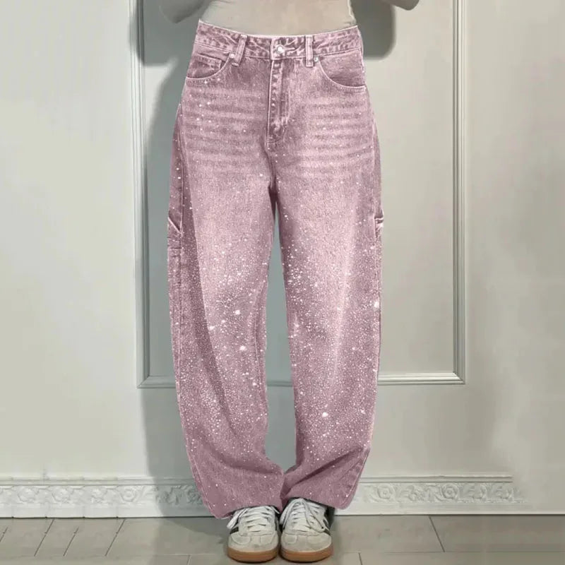 New Women Casual Hot Drilling Jeans Autumn Winter Cowboy Trousers High Waist Button Pockets Fashion Female Loose Straight Pants