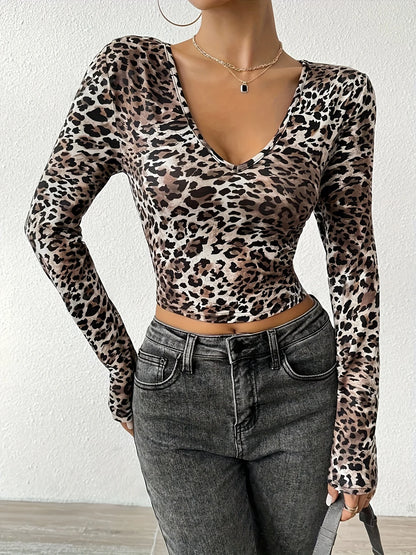 Spring and Summer Women's V Neck Long-Sleeved Leopard Print Tops Are Suitable for Spring and Summer, Comfortable and Versatile