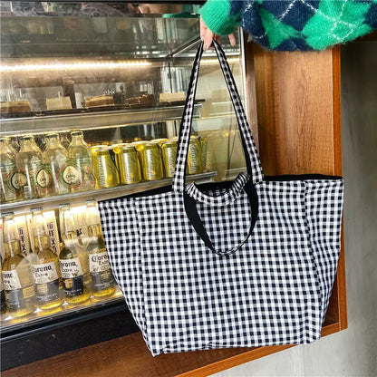 Women Canvas Shoulder Bags Plaid Double-side Large Capacity Handbags Female Shopping Portable Lazy All-match Foldable Tote Bag