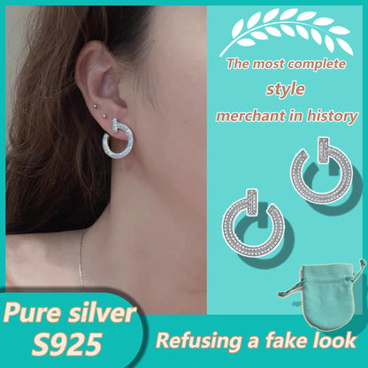 T design diamond studded round earrings made of pure silver S925, delicate and elegant temperament earrings T series gift