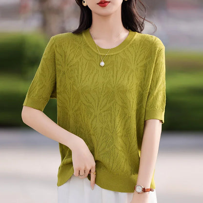 T-shirt Women Tops Summer 2025New Clothing Body O-neck Half Sleeve Tees Shirt  Solid Color Maple Leaf Pattern Casual Fashion Top