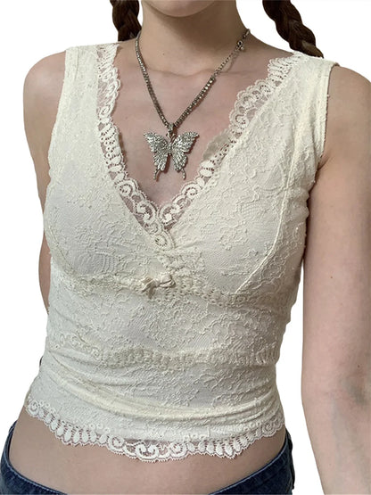 Women Tank Tops with Lace Y2k Cutecore Bow V Neck Skinny Fit Navel Solid Color 2000s Vintage Clothing