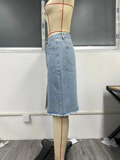 Fashion Midi Cotton Denim Skirt Women 2024 Casual Slim High Waist Asymmetrical Blue Jean Skirts Y2k Faldas Elegant