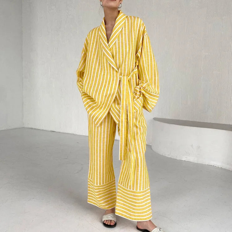 Women's Dress Sets Autumn New Striped Long-sleeved Loose Lace-up Top High-waisted Trousers Fashion Casual Suit for Women