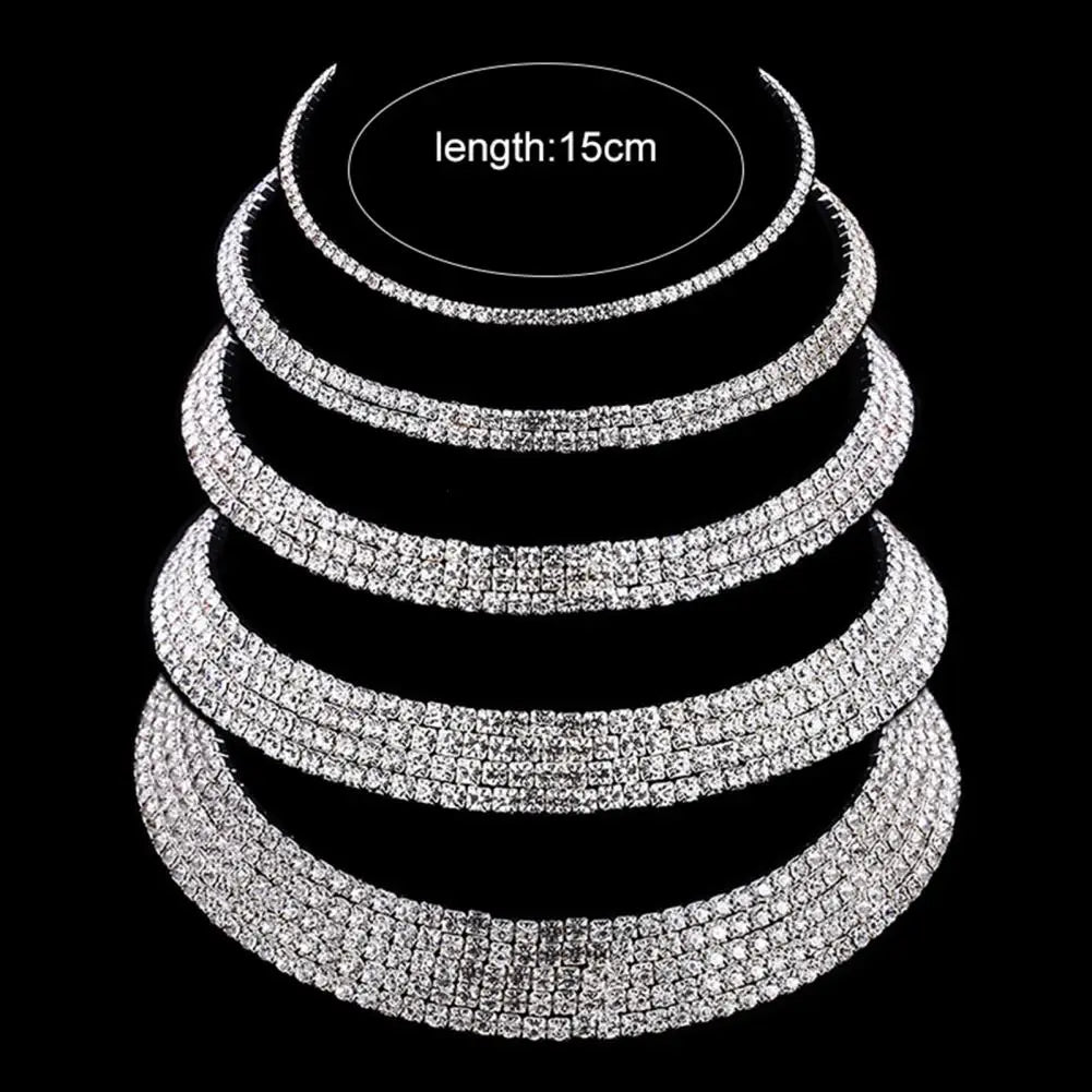 Women Necklace Shiny Rhinestone Multi Layers Adjustable Luxury Stainless  Bride Wedding Neck Jewelry