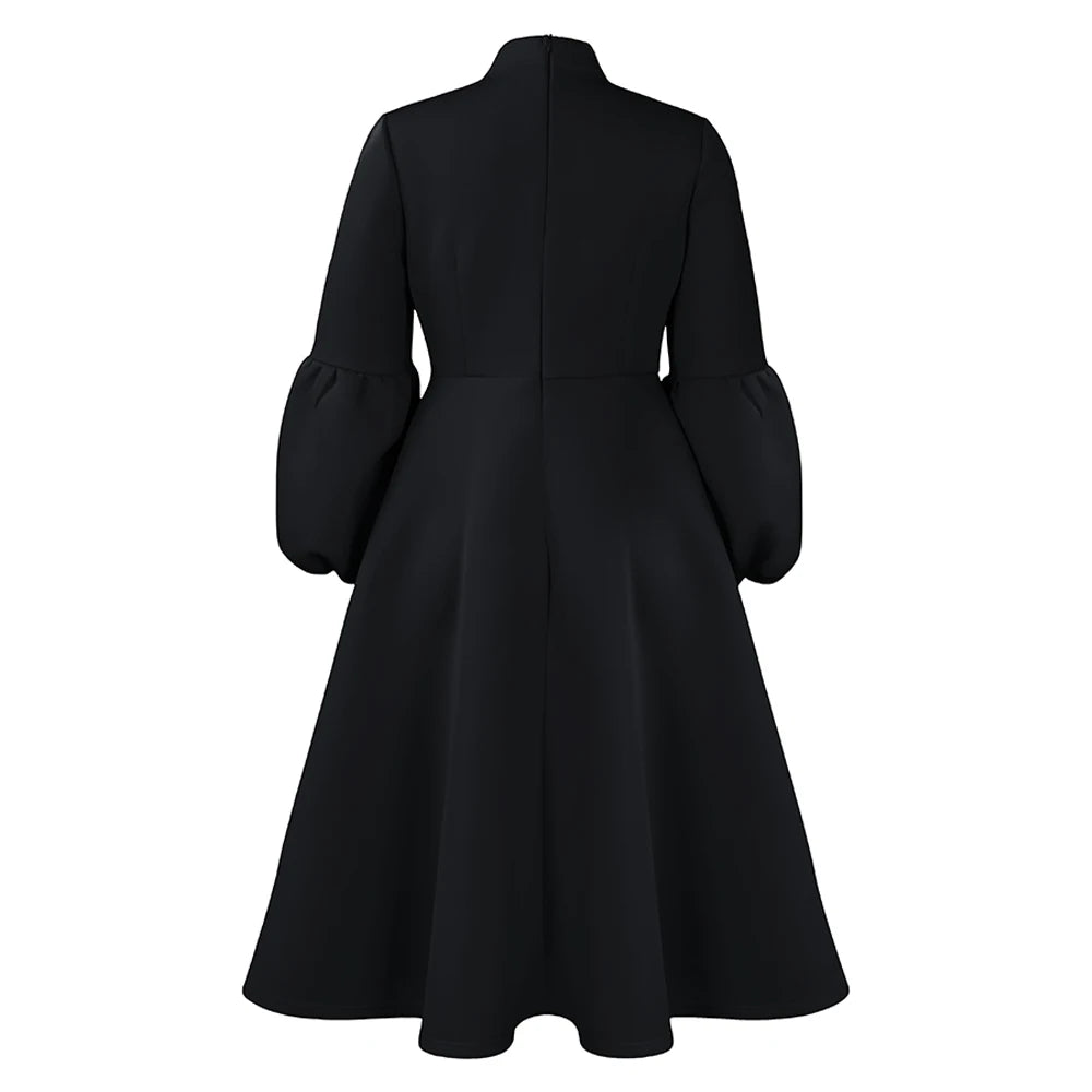 Elegant Dresses for Women Bow Collar Full Sleeve High Waisted A Line Mid Calf Luxury Female Birthday Party Dinner Vestidos Mujer