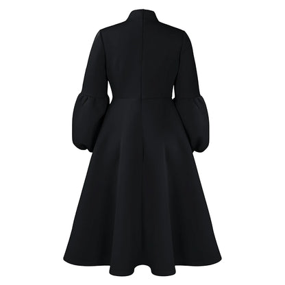 Elegant Dresses for Women Bow Collar Full Sleeve High Waisted A Line Mid Calf Luxury Female Birthday Party Dinner Vestidos Mujer