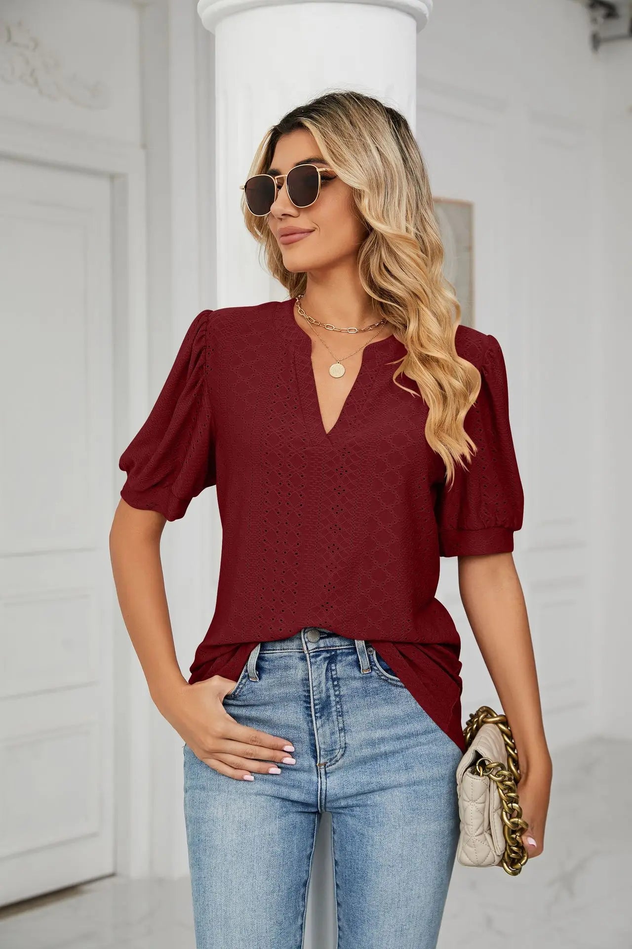 Womens Tops V Neck Ruffle Sleeve Blouses Short Sleeve Casual Tops T-Shirts for Women Autumn Winter
