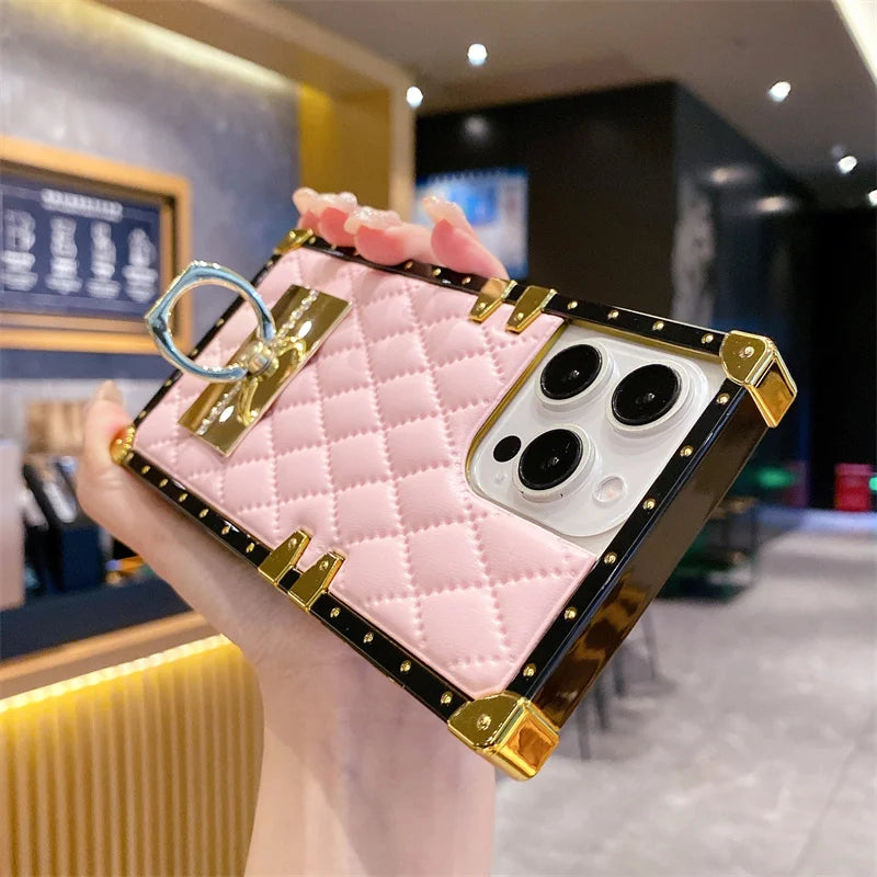 Elegant PU Leather Phone Case For iPhone 16 Pro Max Luxury Square Cases For iPhone 15 14 11 Pro 12 13 Mini XR X Max Back Cover