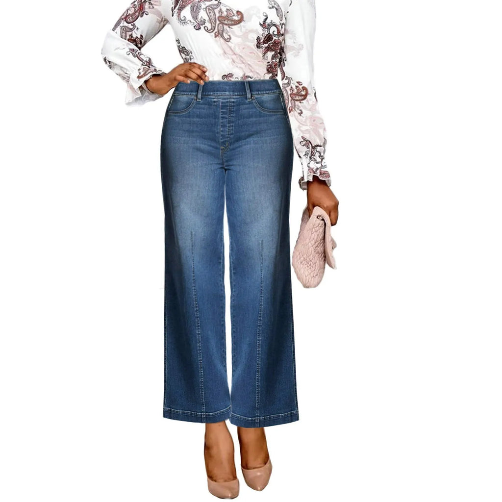 Women Seamed Front Wide Leg Jeans Elastic Waist Stretch Denim Flare Jeans High Waisted Jean Bell Bottom Cropped Pants pantalones