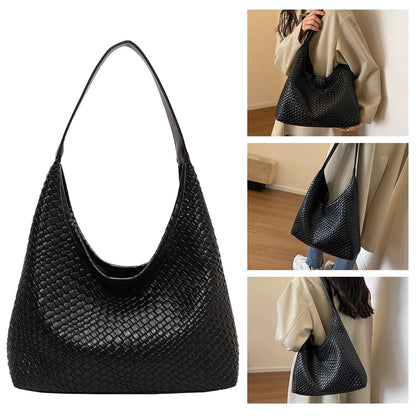Women Large Shoulder Bag with Pouch Top Handle Bag Trendy PU Woven Tote Bag Leather Armpit Handbag Commuting Bag