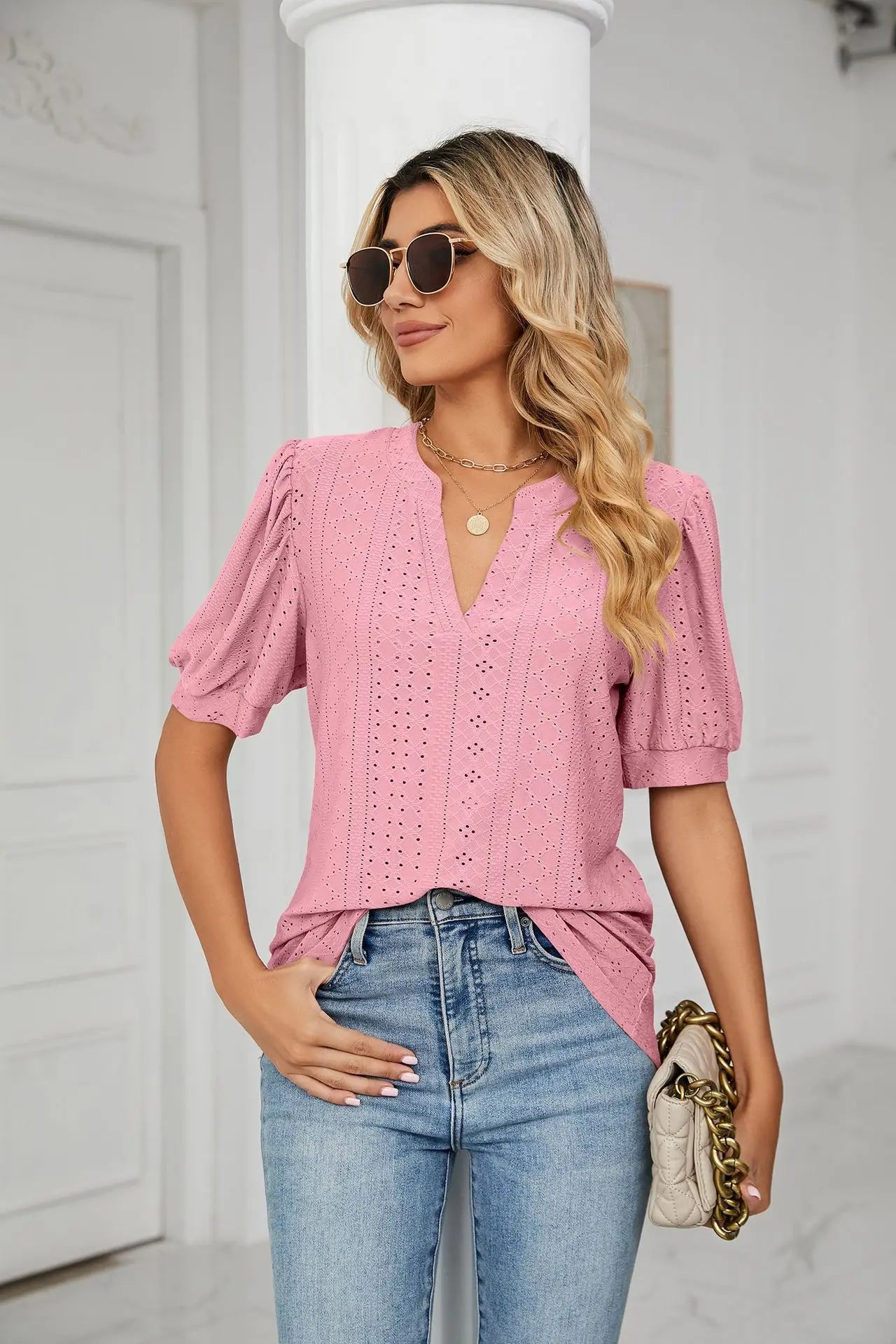 Womens Tops V Neck Ruffle Sleeve Blouses Short Sleeve Casual Tops T-Shirts for Women Autumn Winter