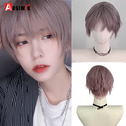 AOSIWIG  Short Curly Cosplay Men Boy Party Light Yellow Synthetic Heat Resistant Hair Wigs Men's Breathable Wig