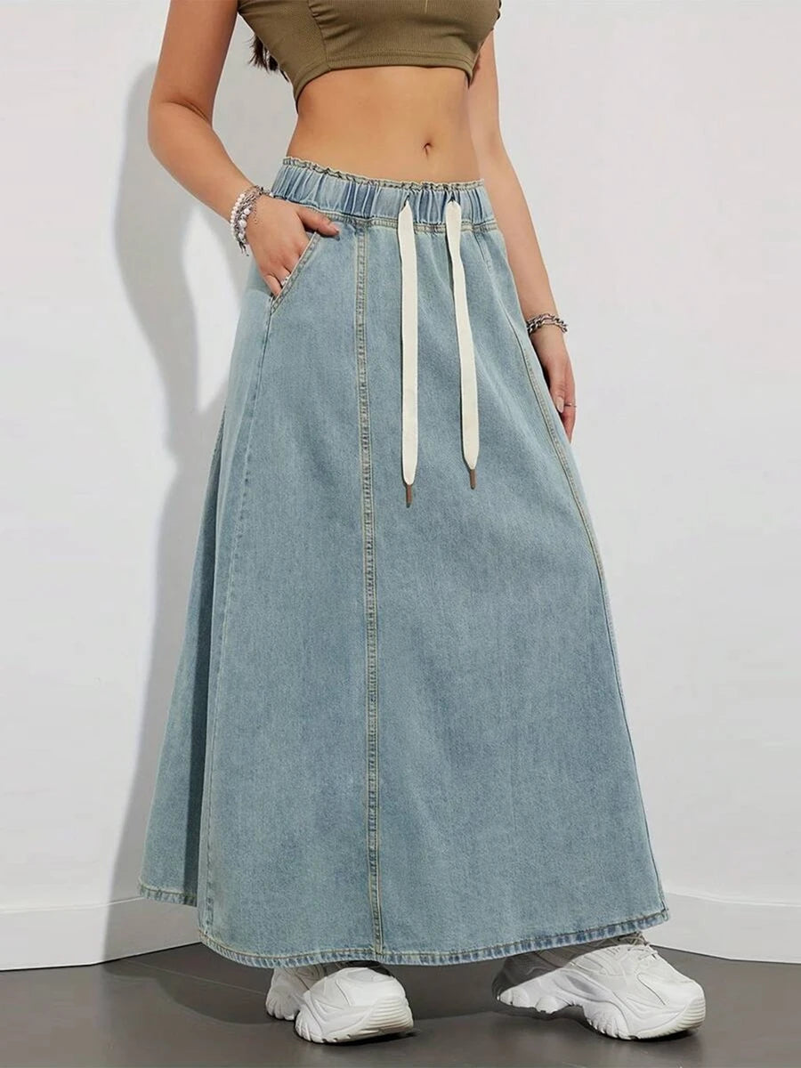 Harajuku Denim Skirt y2k Aesthetic Elastic Drawstring High Waist A Line Flare Jean Skirt Ladies Vintage Skirts Streetwear