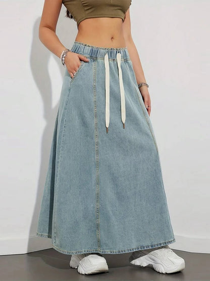 Harajuku Denim Skirt y2k Aesthetic Elastic Drawstring High Waist A Line Flare Jean Skirt Ladies Vintage Skirts Streetwear