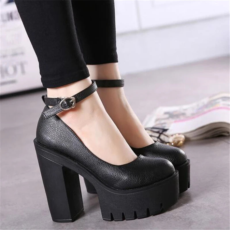 Woman Thick High Heels Shoes Ladies Sexy Platform Pumps Gothic Punk Style Ankle Strap Casual Shoes Dress Shoes for Women