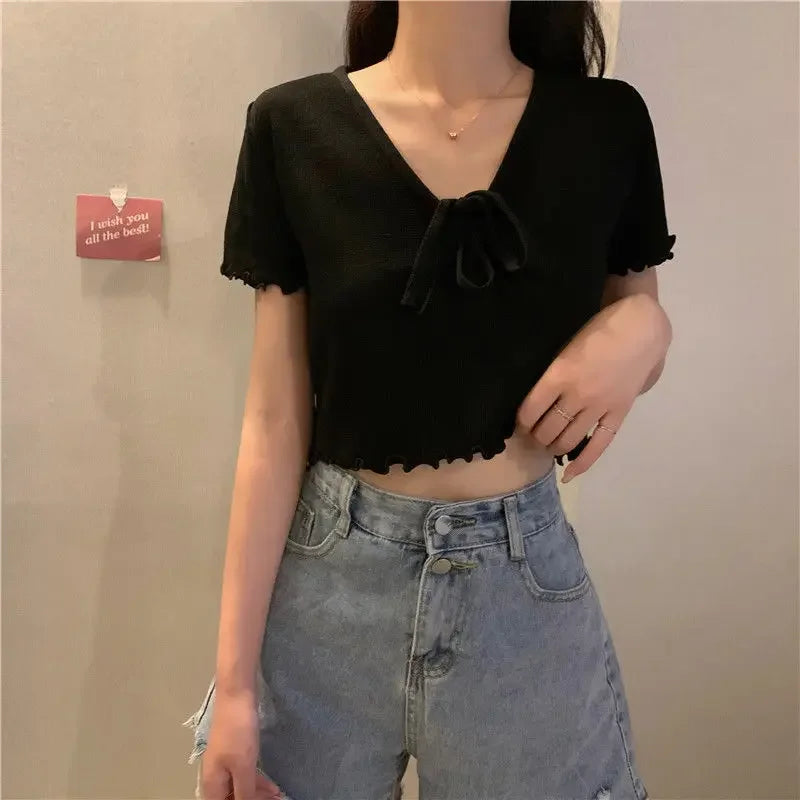 Tops Woman Short Sleeve T Shirt for Women V Neck New in Knitwears Plain Sexy Crop Korean Fashion Reviews Clothes Many Polyester