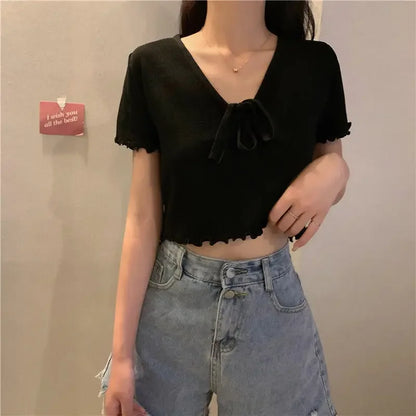 Tops Woman Short Sleeve T Shirt for Women V Neck New in Knitwears Plain Sexy Crop Korean Fashion Reviews Clothes Many Polyester