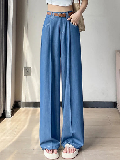 Women's Leisure Commuting Tencel Wide-Leg Jeans 2025 Spring Summer Comfortable Soft Ice Silk High Waisted Straight Jeans
