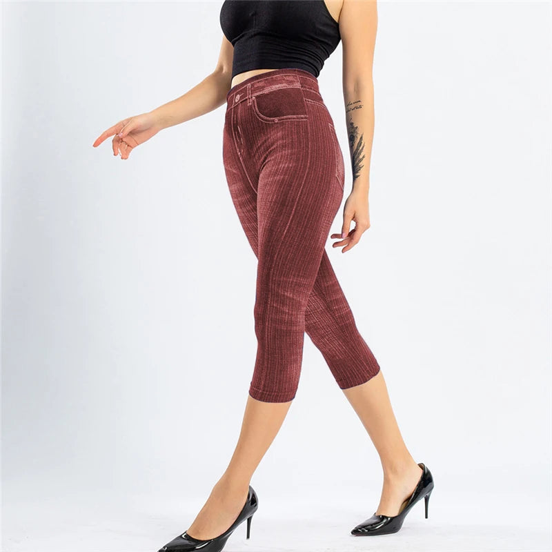 Summer Women Fashion High Waist Skinny Jeans Knee Length Denim Capri Pants High Waist Skinny Jeans Knee Length Denim Pants