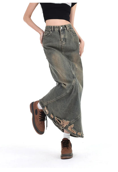 Women Denim Skirt Y2k Emo 2000s Clothes Long Skirt Harajuku Korean 90s Fashion Vintage Gradient A-line Jean Skirt Grunge Clothes