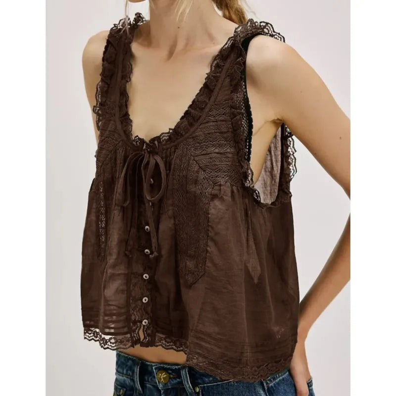 Women Sexy Crop Tops Sleeveless Boho Free Style Tank Tops Splice Lace Hippie Tops Button Down Summer Caimis Tee Top Female Cloth