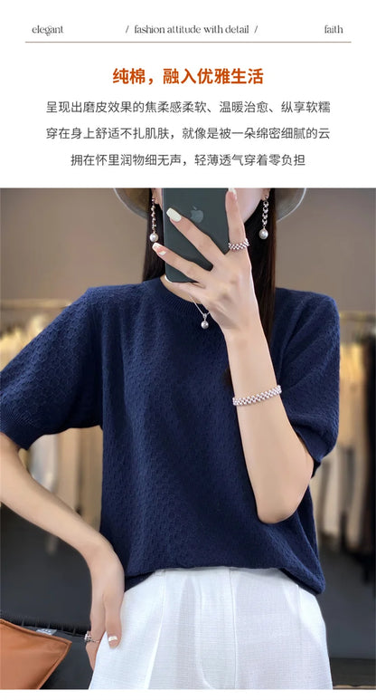 Women's T-shirt Summer 100% Cotton Sweater Short Sleeve Solid Color Round Neck Ladies Tops Loose Blouse Basic Pullover Tees